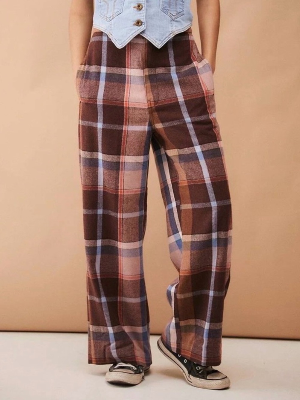 UO• High Rise Wide Leg Plaid Abby Brushed Flannel Grandpa Trousers• Sz 2